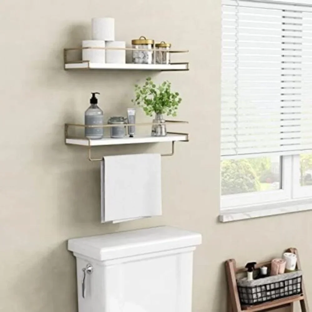 New Set of 2 Floating Bathroom Shelves, White & Gold Wall Organizer